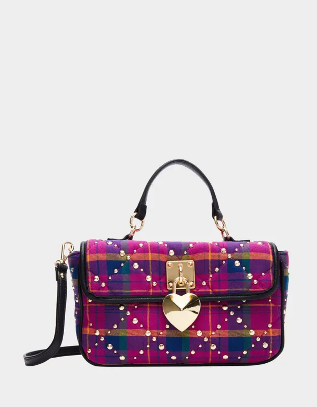 PRETTY & PUNK PLAID STUDDED FLAP SATCHEL PINK sold by Betsey Johnson