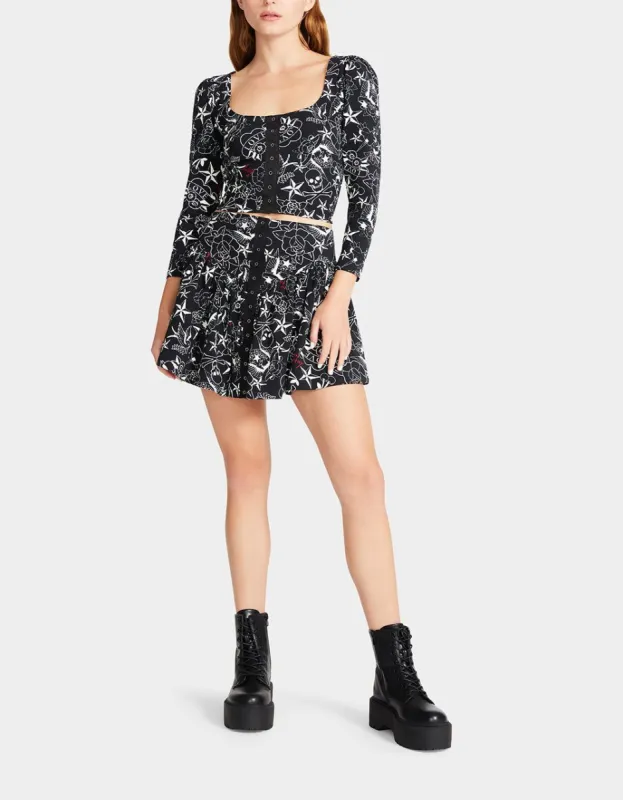 PRETTY IN PUNK VINTAGE INSPIRED FLOUNCE MINI SKIRT TATTOO PRINT sold by Betsey Johnson