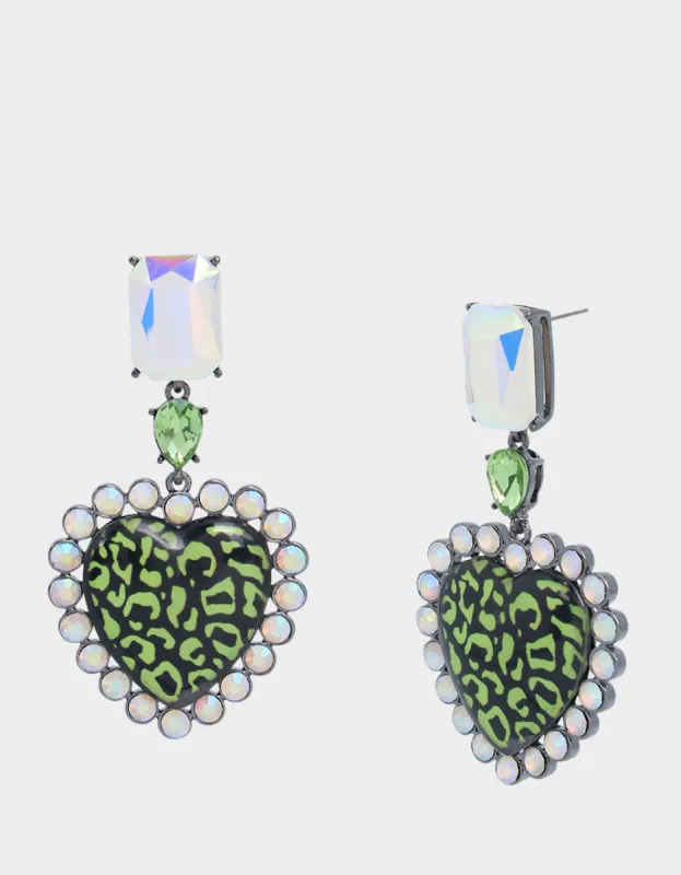 GHOUL FRIENDS LEOPARD HEART DROP EARRINGS GREEN sold by Betsey Johnson