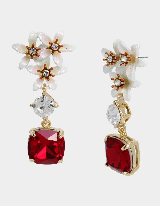 JINGLE BELL BLING FLOWER CLUSTER STONE DROP EARRINGS RED sold by Betsey Johnson
