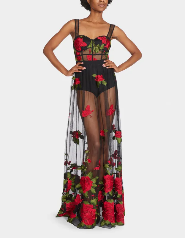 ドレス【Betsey Johnson】Rosie Sheer Maxi Dress Black Red Peronie Black Red Roses Embroidery Mesh Maxi Dress | Parallel