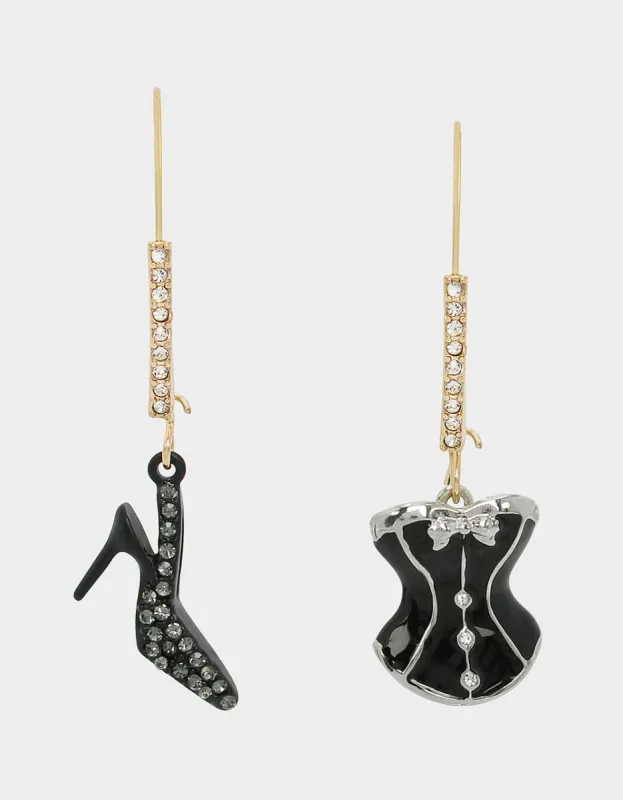 MIDNIGHT MAGIC CORSET MISMATCH SHEPHERD HOOK EARRINGS BLACK sold by Betsey Johnson