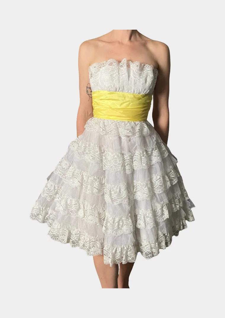 White strapless tulle dress with yellow ribbon | RE:LUV sold by Betsey Johnson
