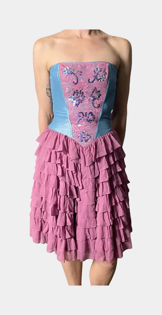 Blue and mauve strapless ruffle dress. | RE:LUV sold by Betsey Johnson