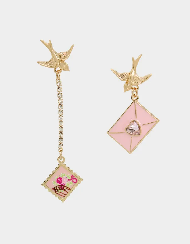 SWEETHEART SWOON DOVE ENVELOPE MISMATCH EARRINGS PINK sold by Betsey Johnson