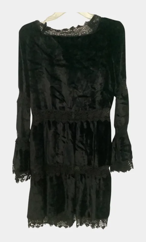 Betsey Johnson Black Velvet Lace-Trimmed Tiered Duster Cardigan w/ 3 Ties S/M NWT | RE:LUV sold by Betsey Johnson