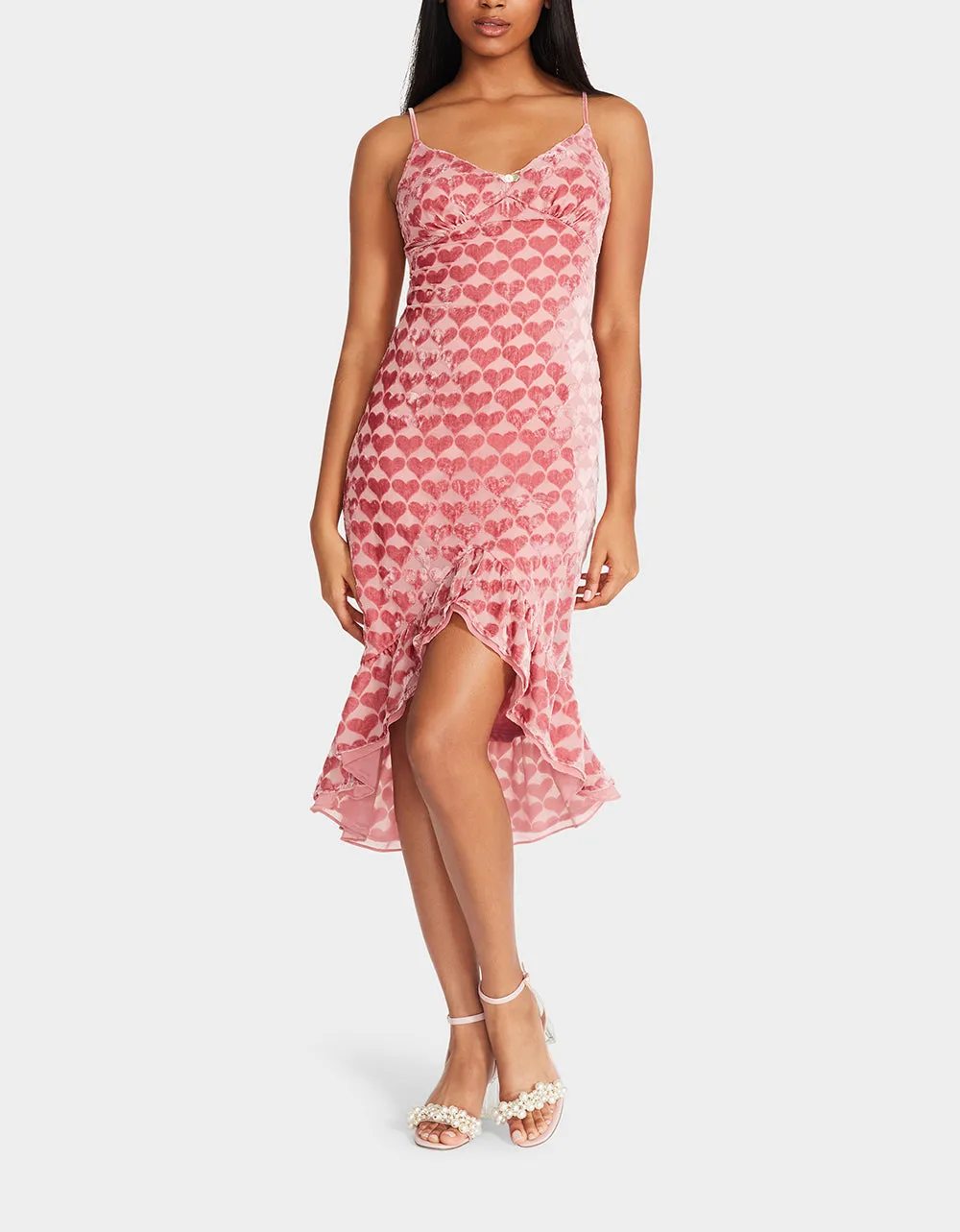 BURNOUT VELVET HEART MIDI DRESS PINK sold by Betsey Johnson