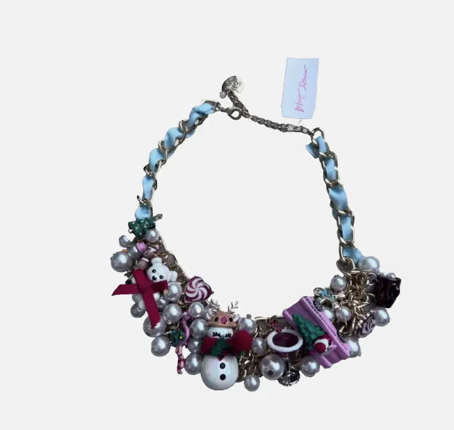 Betsey Johnson Christmas Jingle Bell Bling Charm Bauble Bib Necklace Gold / Blue | RE:LUV sold by Betsey Johnson