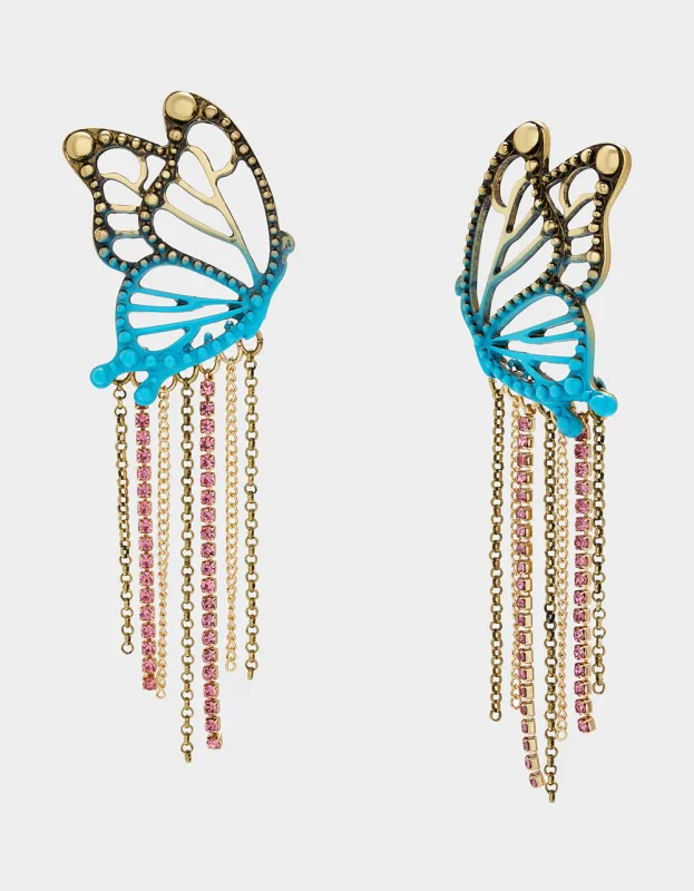 BOHO BUTTERFLY FRINGE CHANDELIER EARRINGS TURQUOISE sold by Betsey Johnson