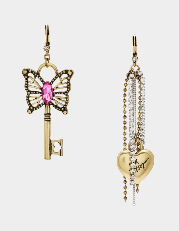 BOHO BUTTERFLY KEY FRINGE MISMATCH EARRINGS PINK sold by Betsey Johnson