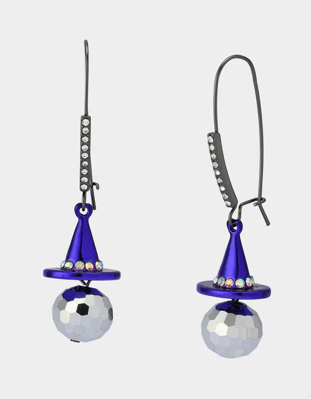 DISCO WITCH HAT DROP EARRINGS PURPLE sold by Betsey Johnson