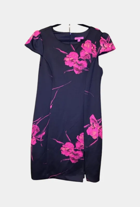 Betsey Johnson Magenta Hawaiian Floral Puffy Cap Sleeve Scuba Sheath Slit Dress | RE:LUV sold by Betsey Johnson