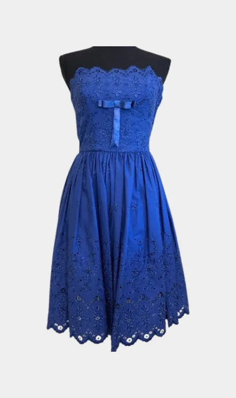 Blue strapless lace knee length runway dress | RE:LUV sold by Betsey Johnson