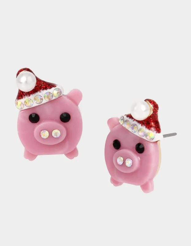HOLIDAY WHIMSY SANTA PIG STUDS PINK | RE:LUV sold by Betsey Johnson