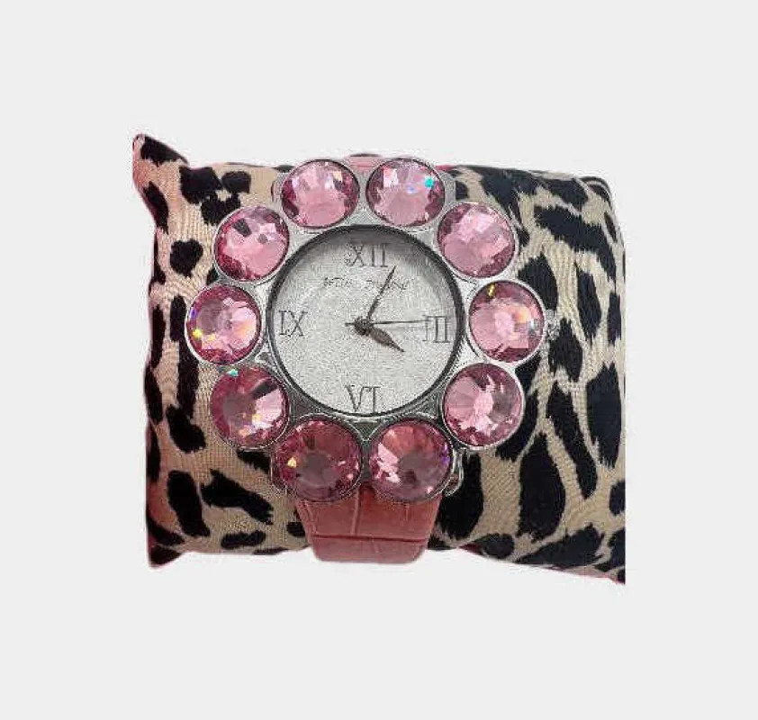 Pink rhinestone watch with pink leather band | RE:LUV sold by Betsey Johnson