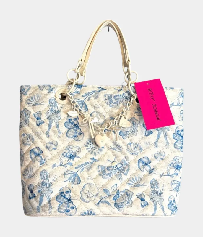 Aubree Satchel Tote Bag with a Blue and White Skull and Floral Pattern | RE:LUV sold by Betsey Johnson