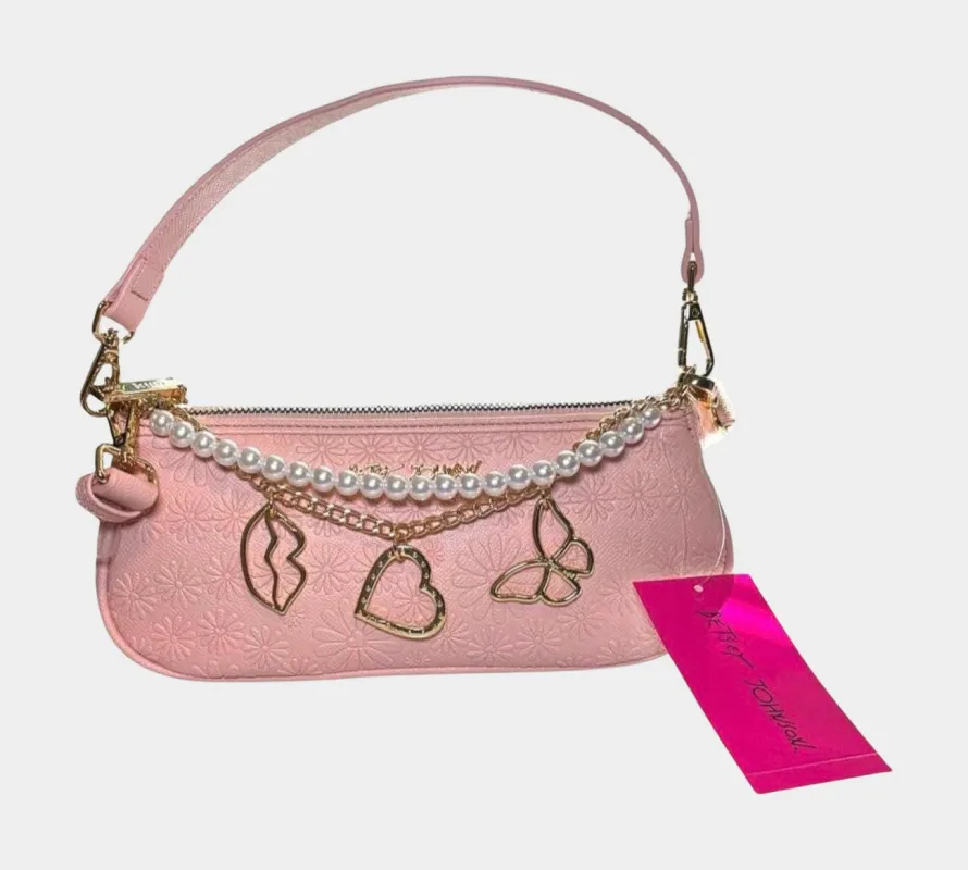 Embossed Floral Shoulder Bag with Gold Charms & Faux Pearls | RE:LUV sold by Betsey Johnson