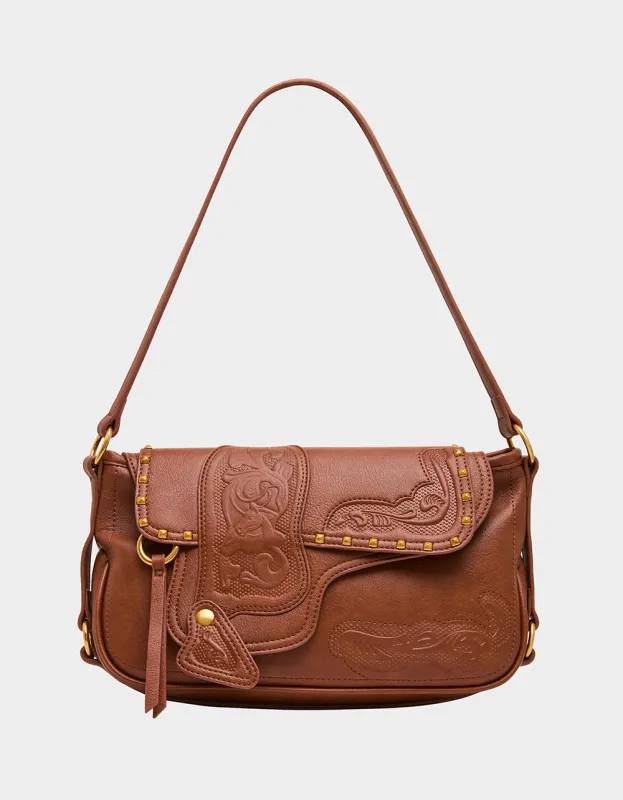 WE RIDE AT DAWN SHOULDER BAG CHOCOLATE made by Betsey Johnson