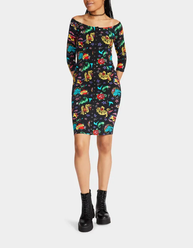 80TH BASH OFF SHOULDER DRESS TATTOO | RE:LUV sold by Betsey Johnson