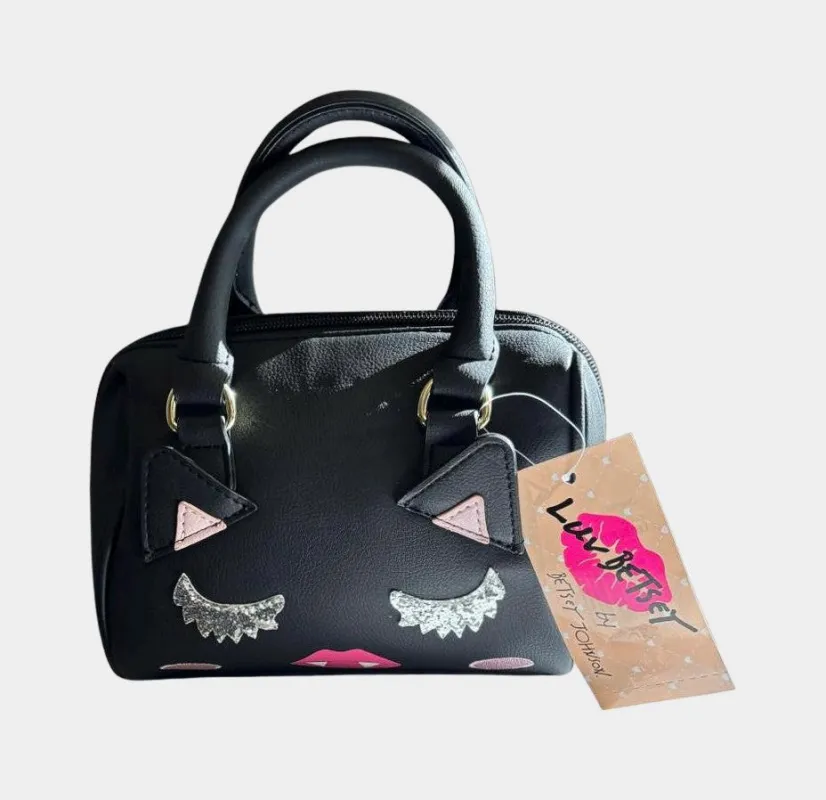 LBHarley Barrel Crossbody Bag, Black with Cat Design and Vampire Fangs | RE:LUV made by Betsey Johnson