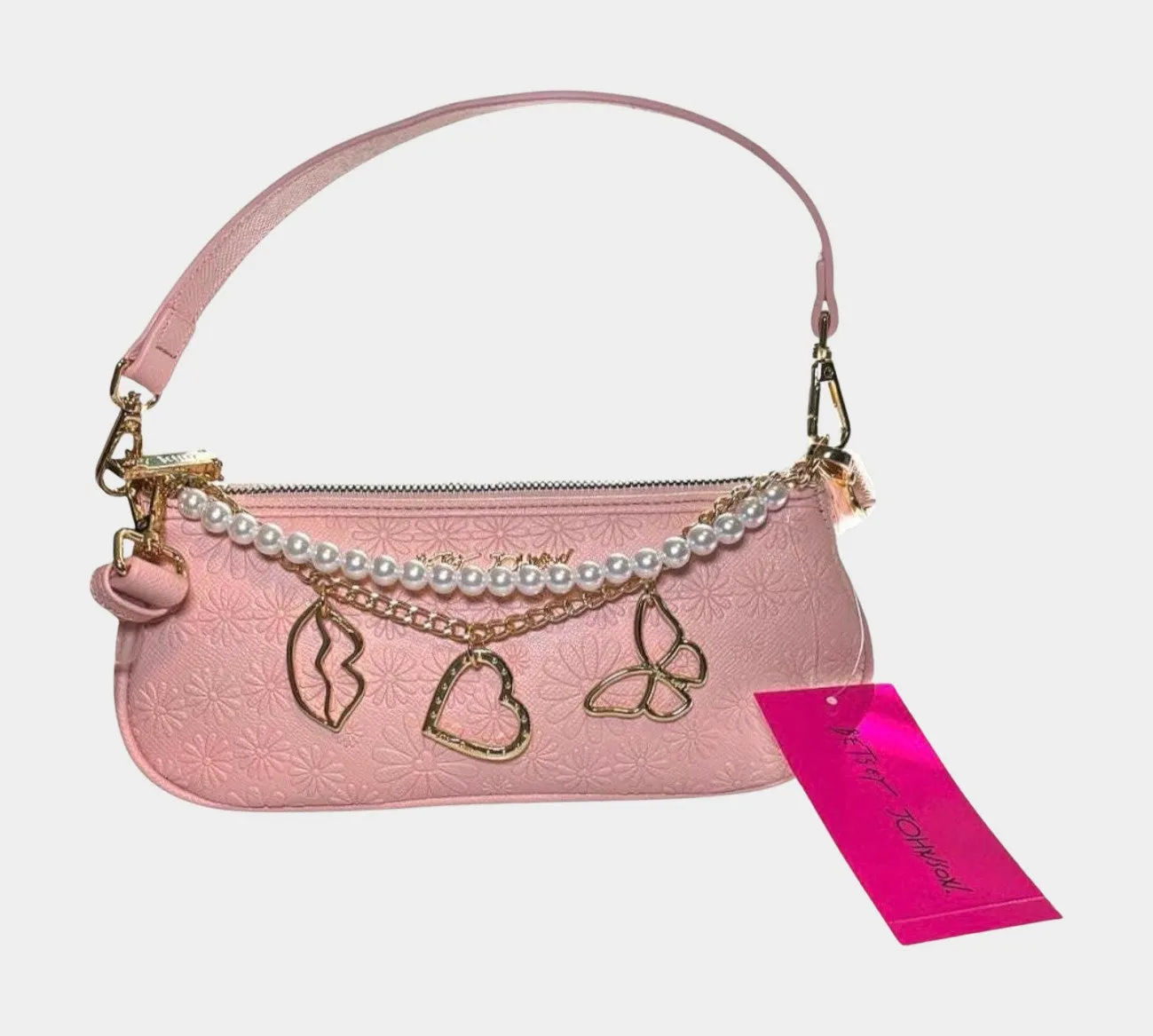 Embossed Floral Shoulder Bag with Gold Charms & Faux Pearls | RE:LUV sold by Betsey Johnson