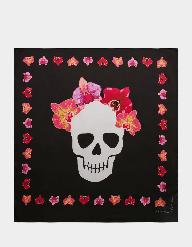 FLORAL SKULL SQUARE 35" X 35" SCARF BLACK made by Betsey Johnson