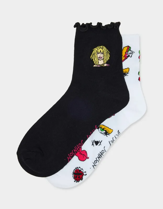 2-PACK EMBROIDERED CREW SOCK BLACK MULTI made by Betsey Johnson