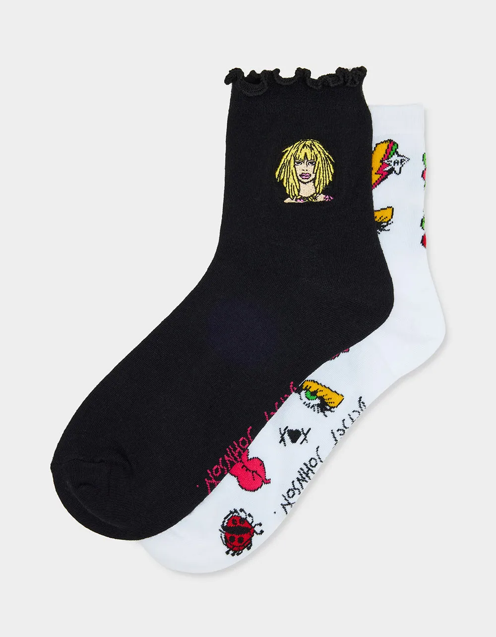 2-PACK EMBROIDERED CREW SOCK BLACK MULTI sold by Betsey Johnson