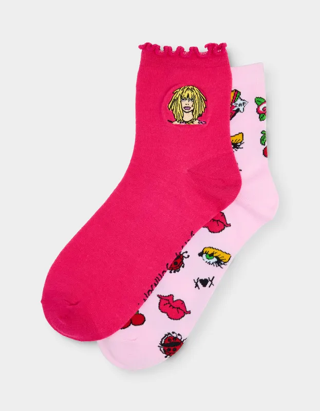 2-PACK EMBROIDERED CREW SOCK PINK MULTI made by Betsey Johnson