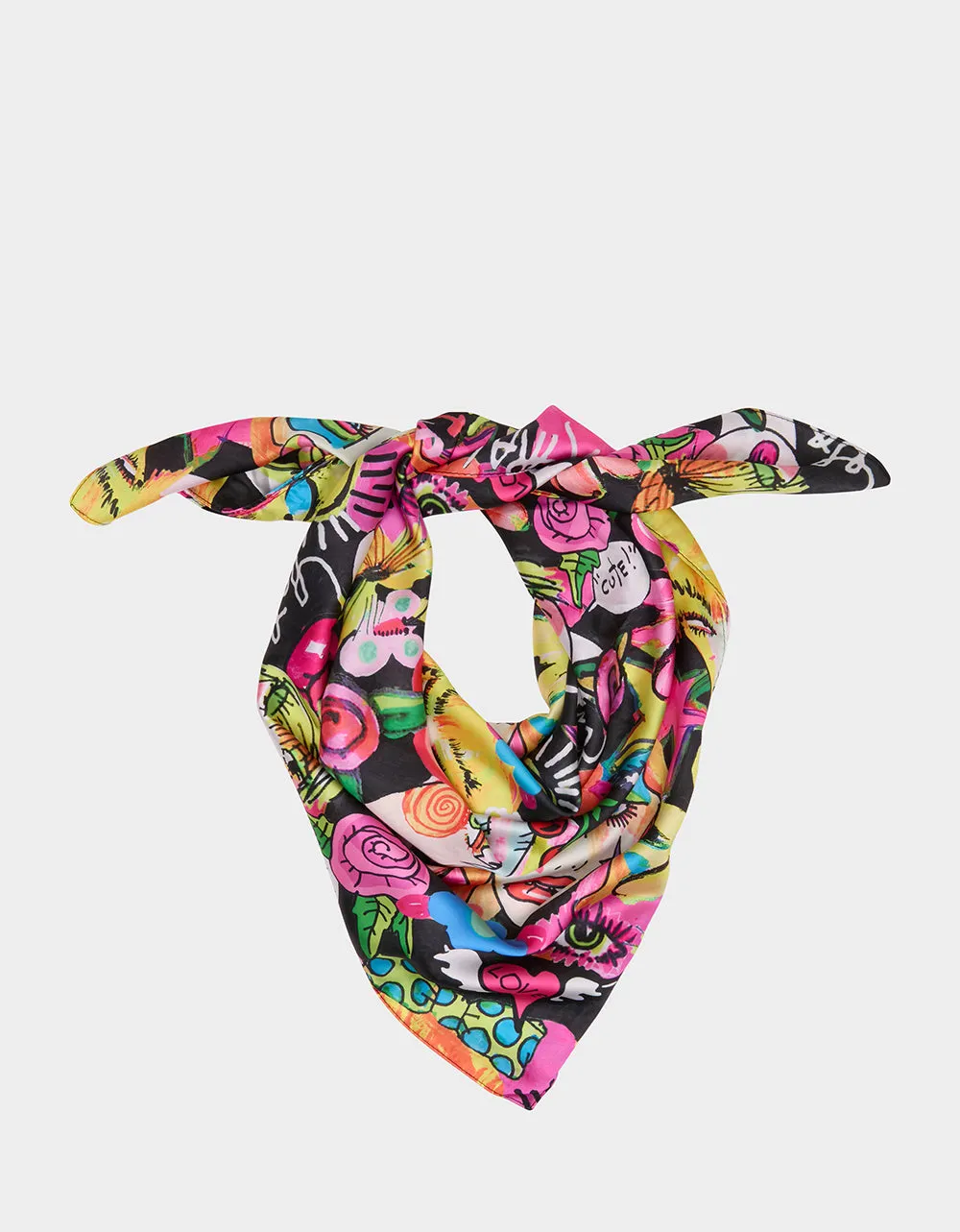 BETSEY'S ART SATINE SQUARE SCARF 35x35 BLACK MULTI sold by Betsey Johnson product image thumbnail 2