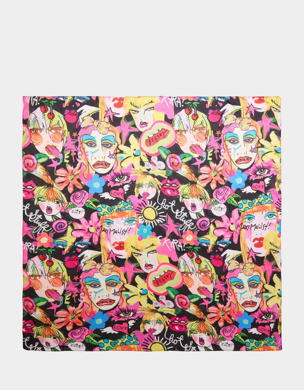 BETSEY'S ART SATINE SQUARE SCARF 35x35 BLACK MULTI made by Betsey Johnson