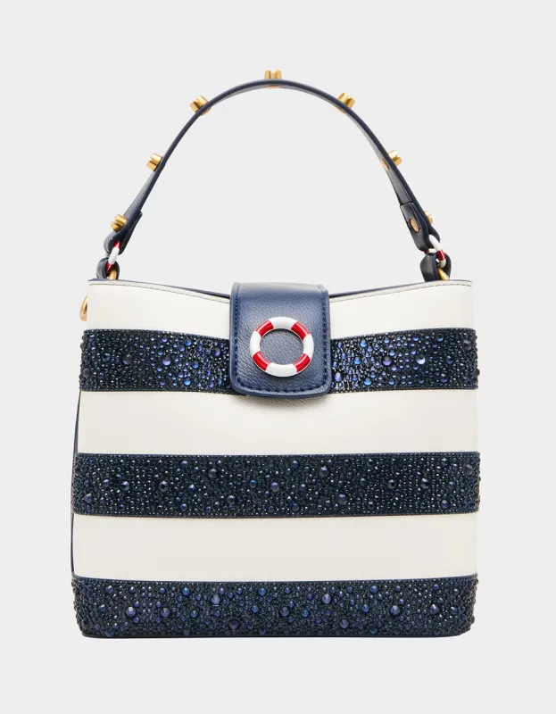 AHOY, GORGEOUS RHINESTONE STRIPE NAVY MULTI made by Betsey Johnson