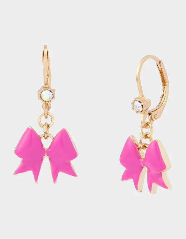 CHEER BOW LEVERBACK EARRING PINK made by Betsey Johnson