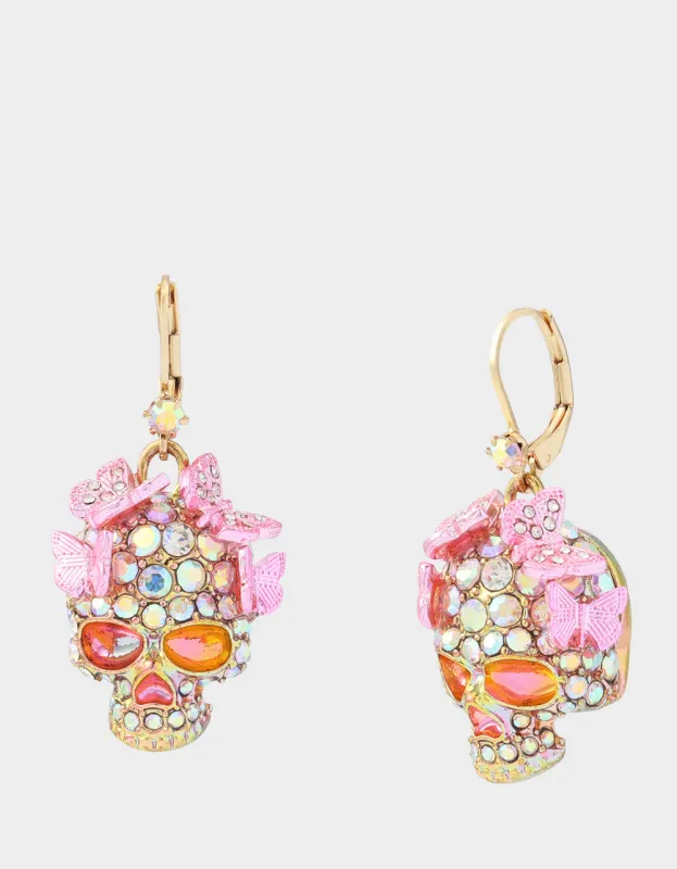 BUTTERFLY SKULL LEVER BACK EARRING PINK made by Betsey Johnson