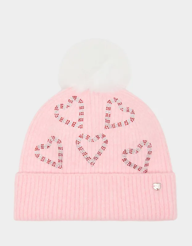 BEANIE WITH CANDY CANE HEARTS PINK made by Betsey Johnson