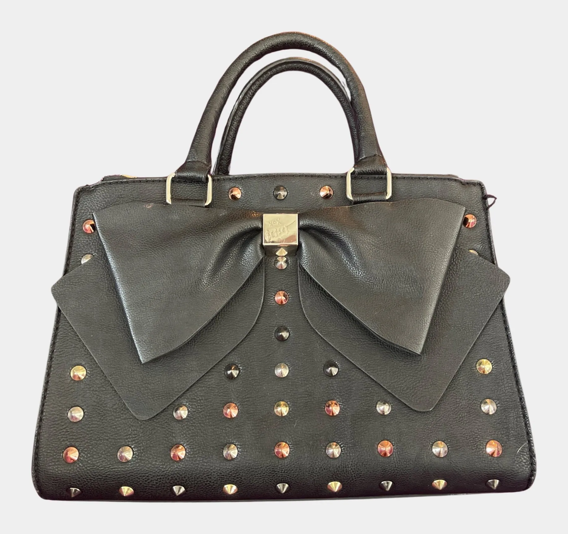 Black Bag with multi metal studs and bow | RE:LUV sold by Betsey Johnson