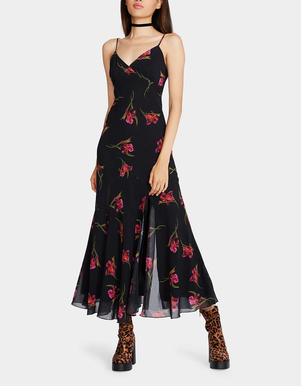 ADDISON MIDI DRESS ORCHID PRINT BLACK sold by Betsey Johnson