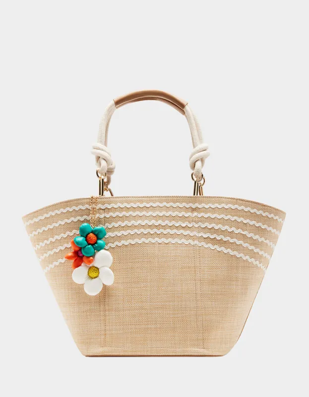 PUFFY FLOWERS LARGE RAFFIA TOTE NATURAL sold by Betsey Johnson