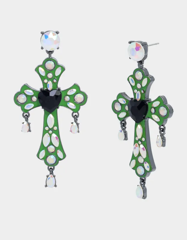 GHOUL FRIENDS STONE CROSS DROP EARRINGS GREEN sold by Betsey Johnson