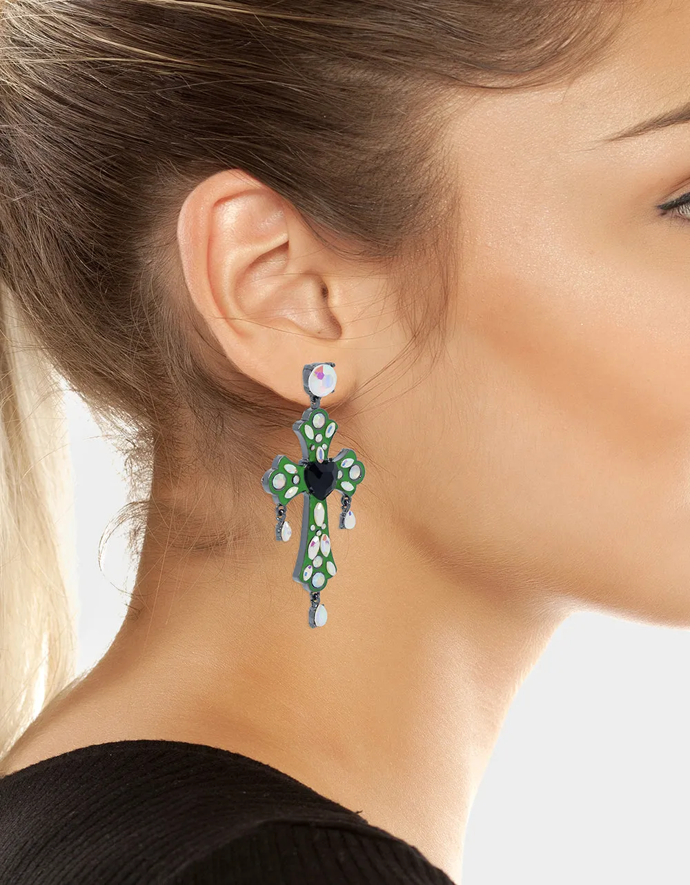 GHOUL FRIENDS STONE CROSS DROP EARRINGS GREEN sold by Betsey Johnson product image thumbnail 2