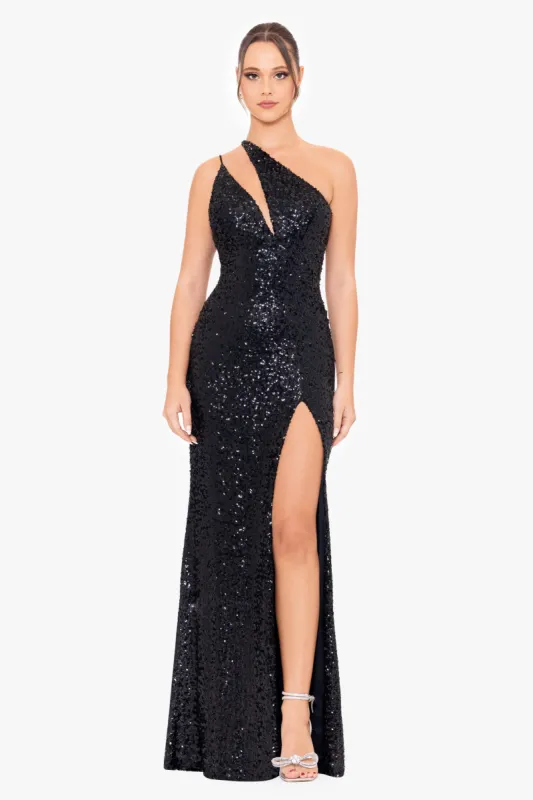 "Juliana" Long Cut Out Sequin Tie Back dress sold by Betsy & Adam