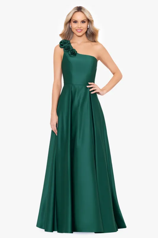 "Lexie" Long Bridal Satin One Shoulder Flower Dress sold by Betsy & Adam