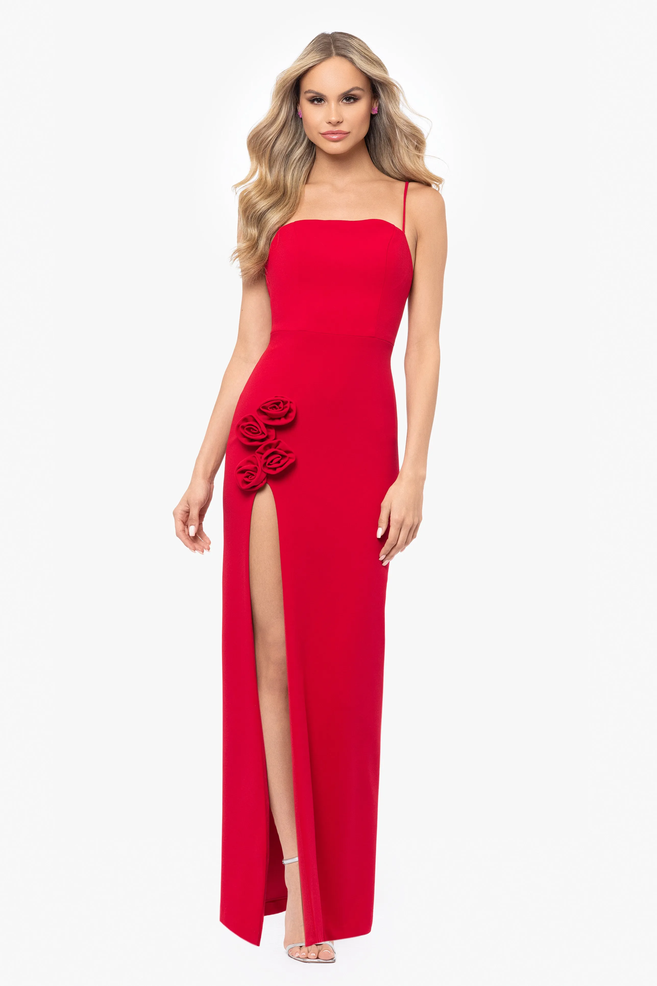 "Rosa" Long Scuba Crepe Rose Embellished Dress sold by Betsy & Adam