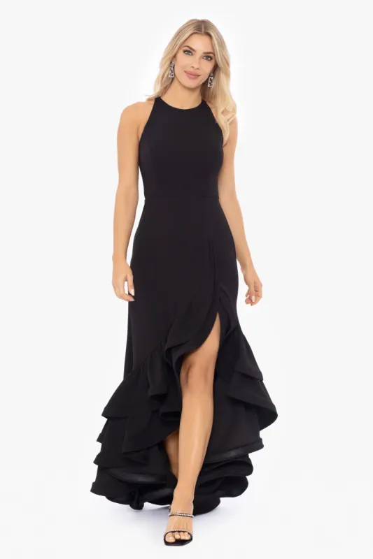 "Arielle" Scuba Crepe Ruffle Slit Gown sold by Betsy & Adam