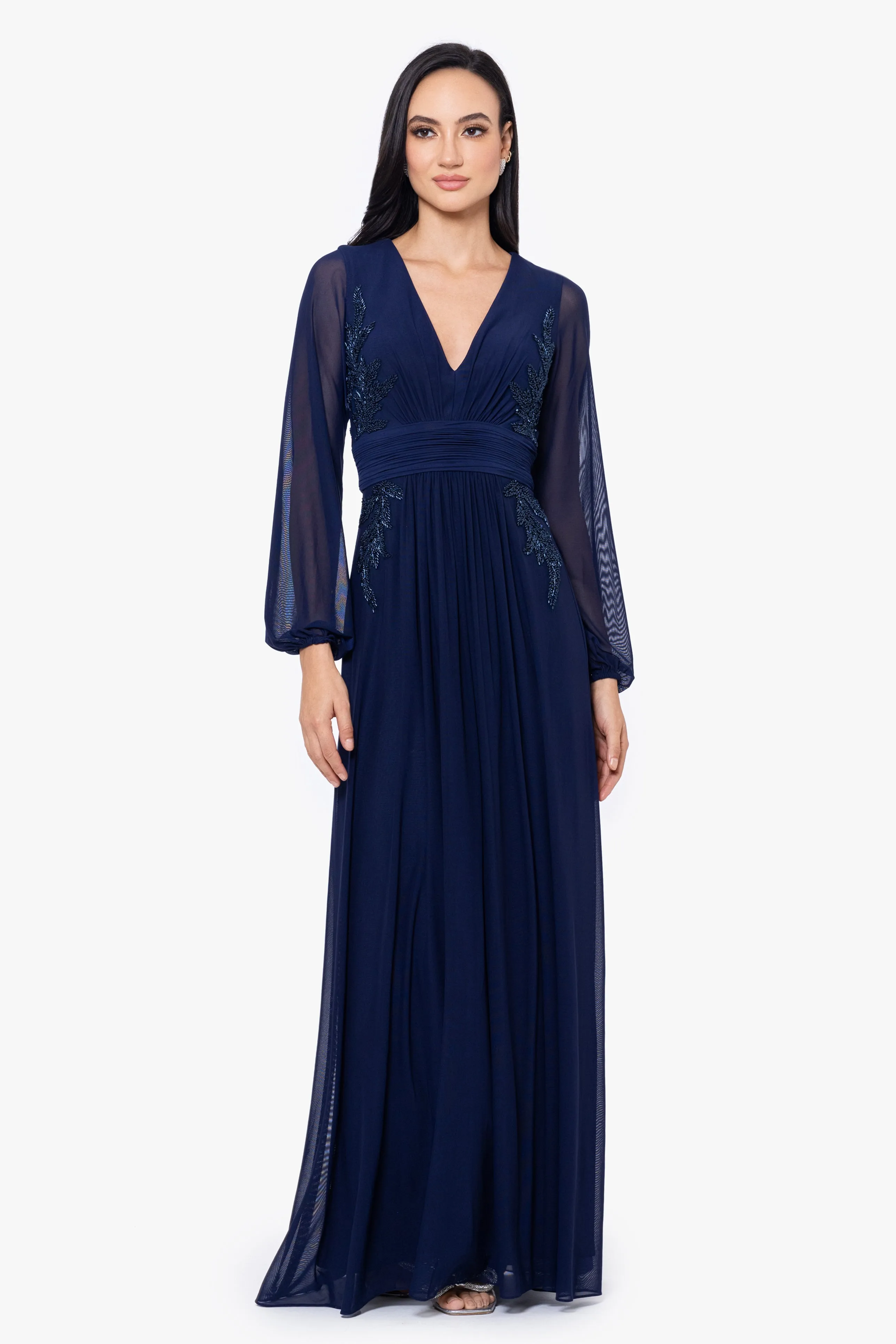 Petite "Kylie" Long Mesh V-Neck Bead Dress sold by Betsy & Adam