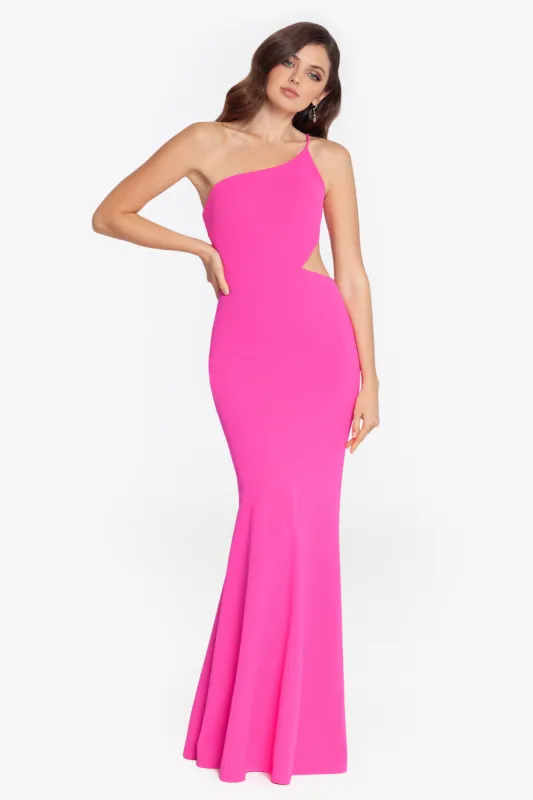 "Janie" Long Scuba Twill One Shoulder Cut Out Dress made by Betsy & Adam