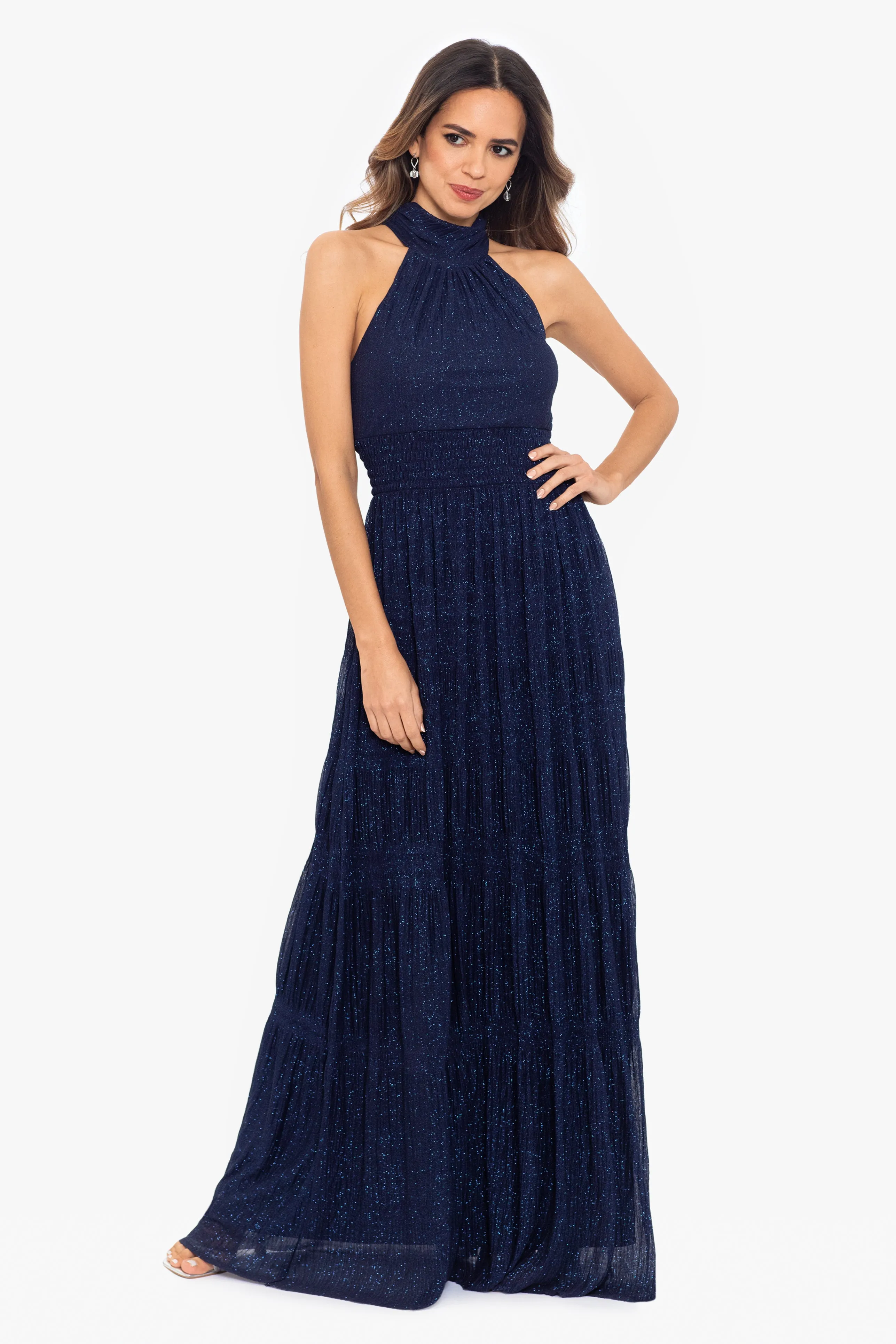 "Sammi" Long Glitter Mesh Mock Neck Dress sold by Betsy & Adam