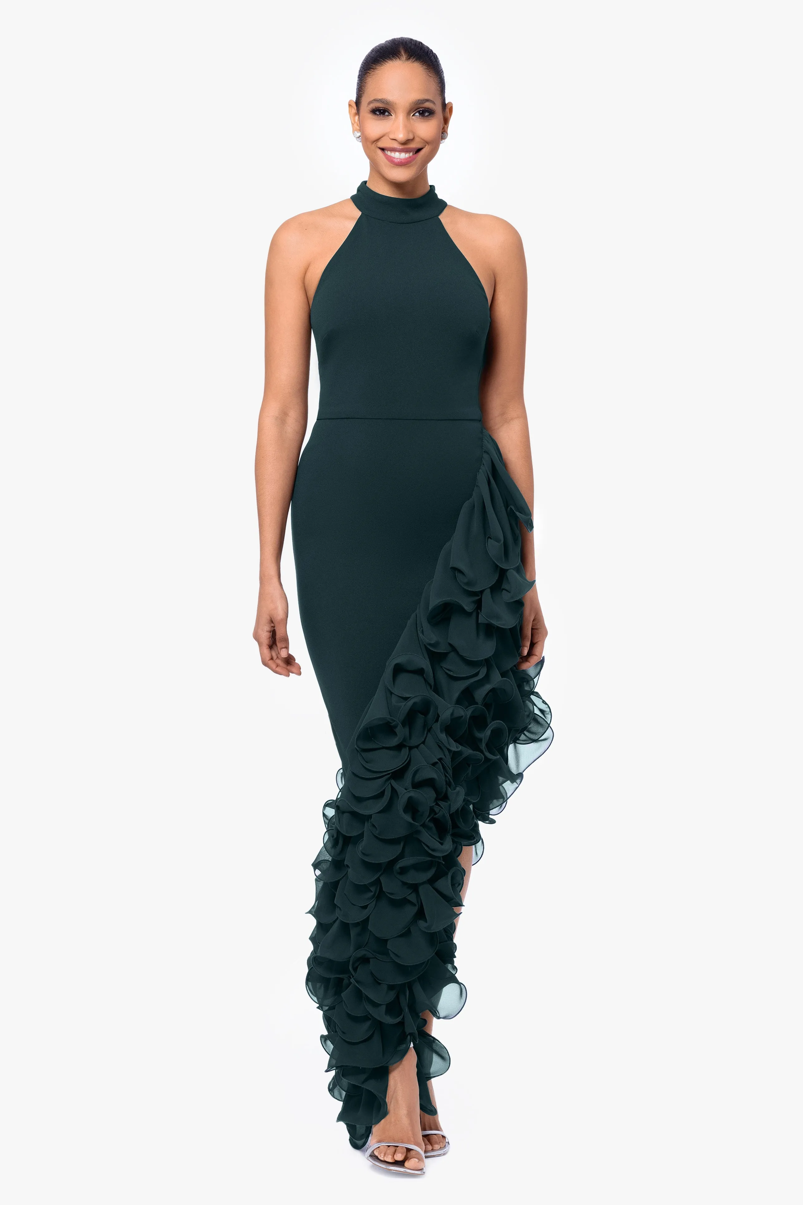 "Mona" Long Ponte Asymmetrical Ruffle Mock Neck Dress sold by Betsy & Adam