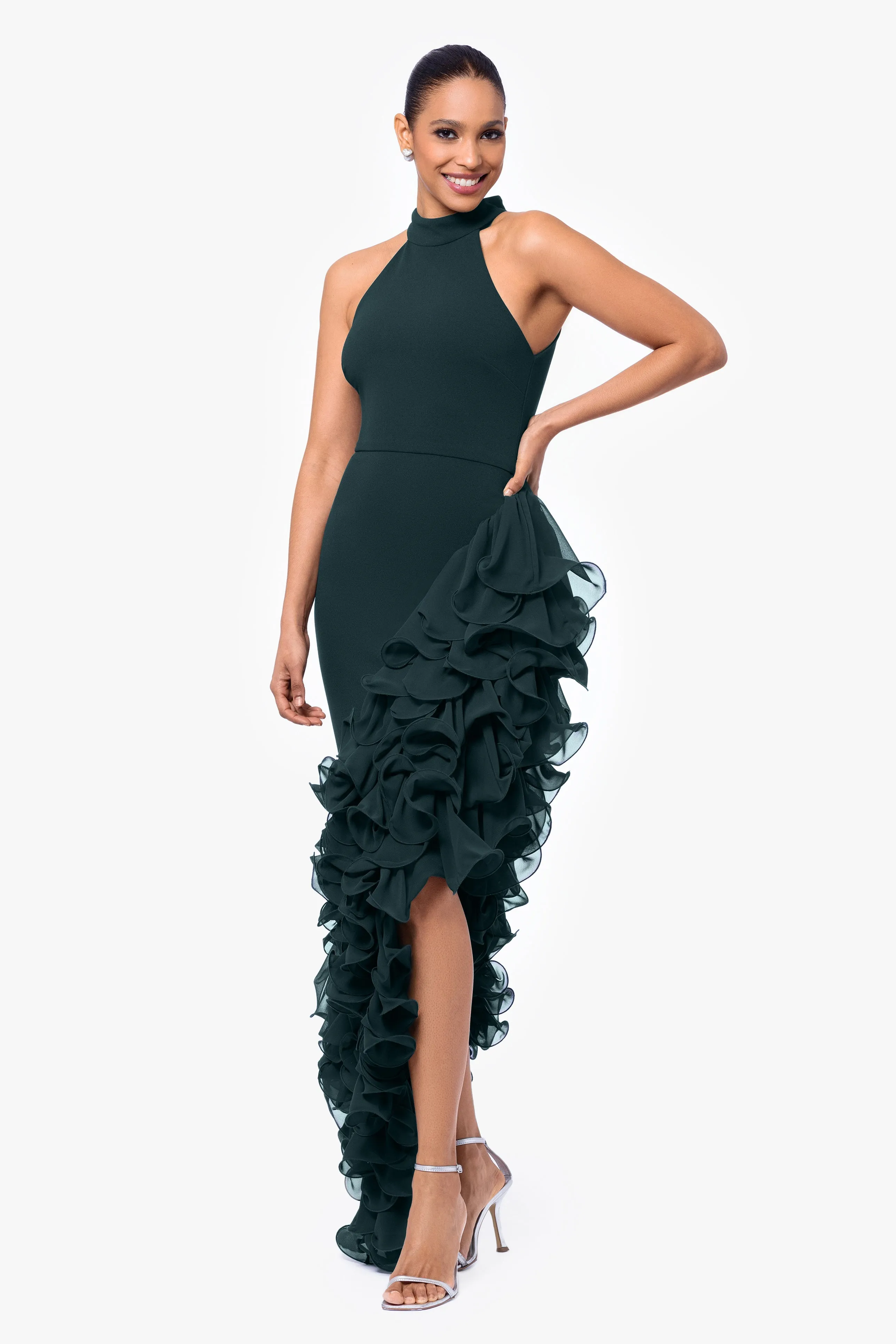 "Mona" Long Ponte Asymmetrical Ruffle Mock Neck Dress sold by Betsy & Adam product image thumbnail 4