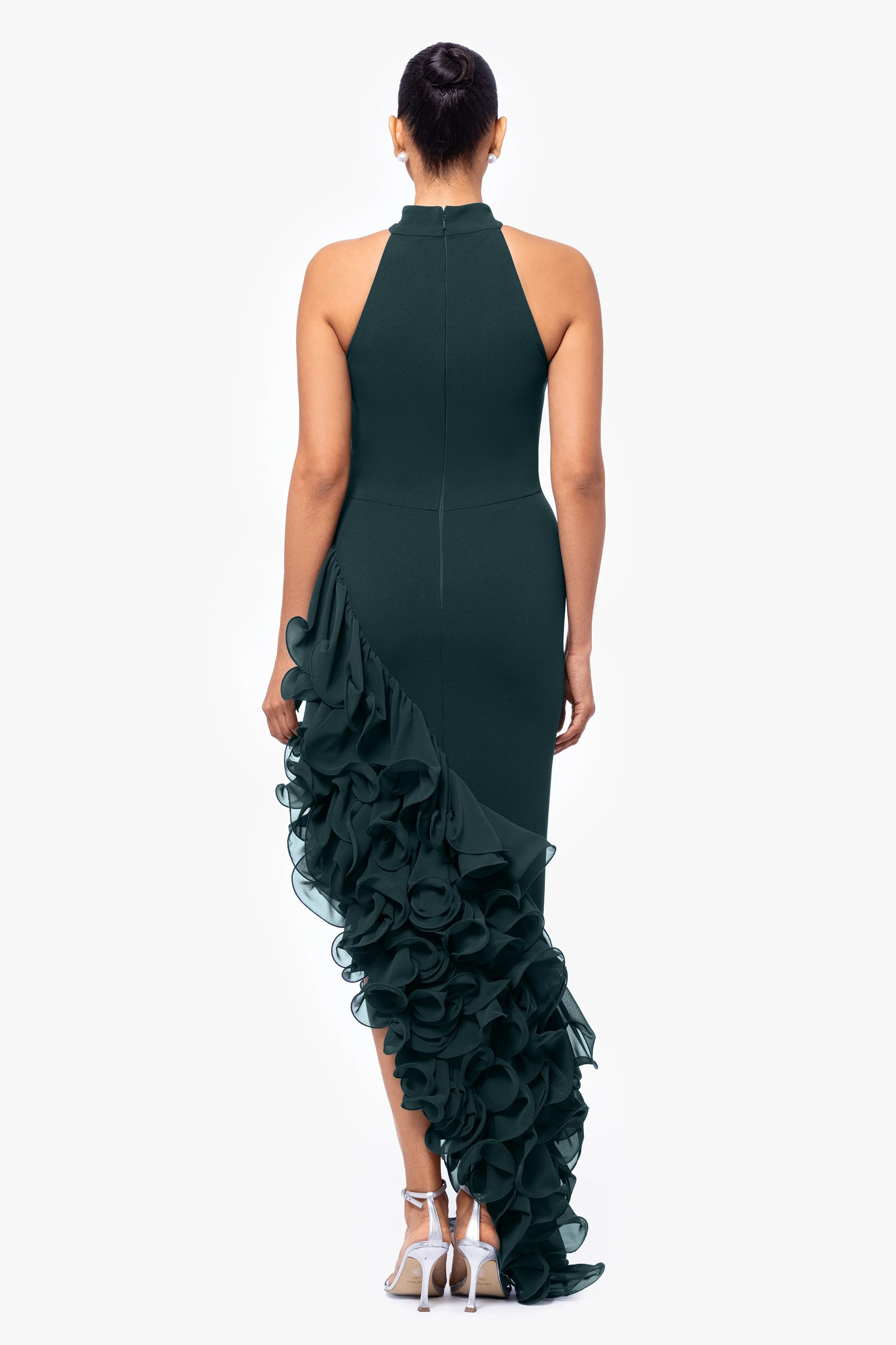 "Mona" Long Ponte Asymmetrical Ruffle Mock Neck Dress sold by Betsy & Adam product image thumbnail 2
